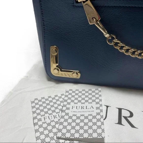 Furla Blue Leather Chain Tote Shoulder Bag with Gold Hardware - Picture 5 of 11